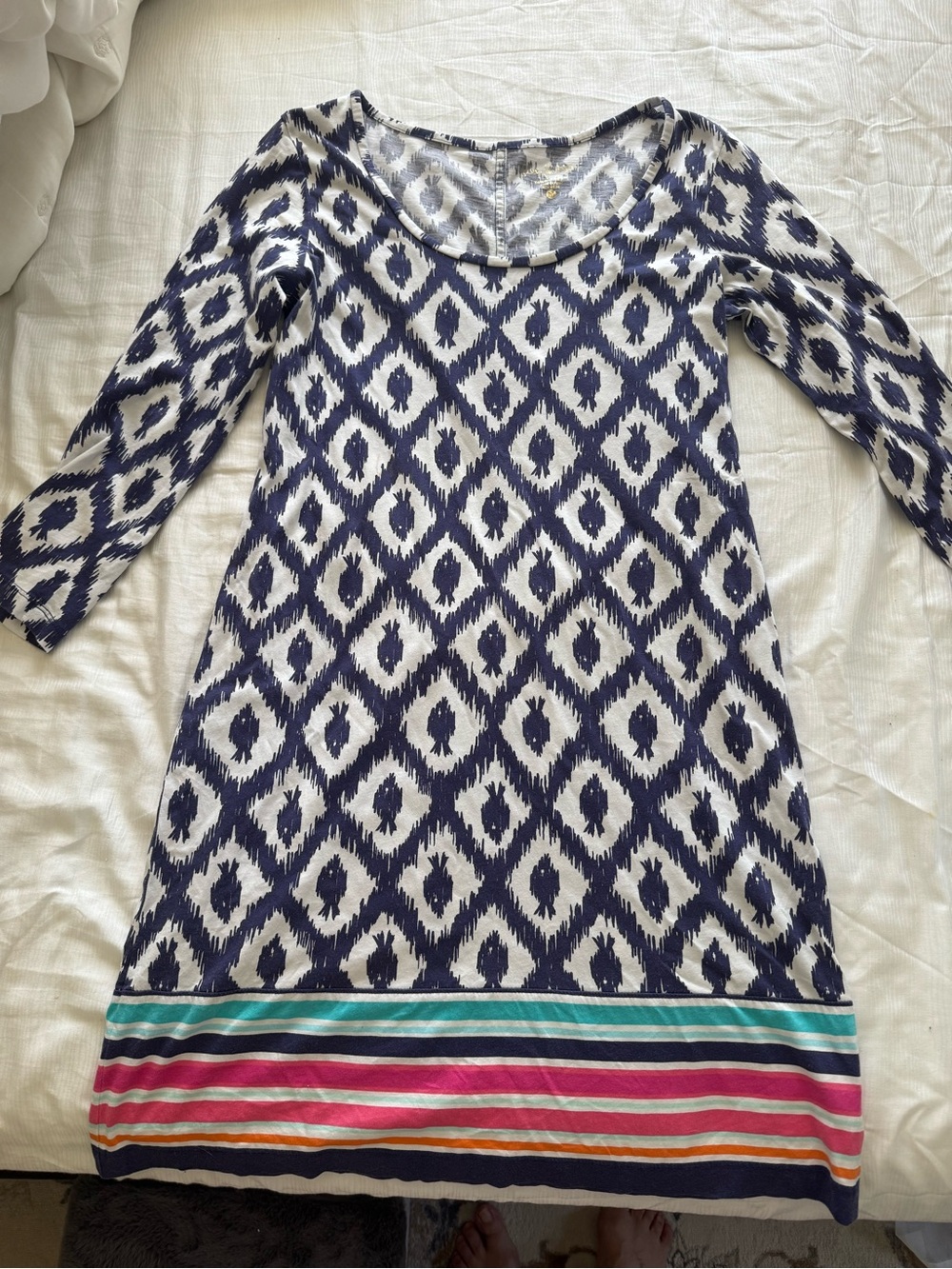 Navy and White Ikat Print Women’s Dress with Colorful Stripe Hem